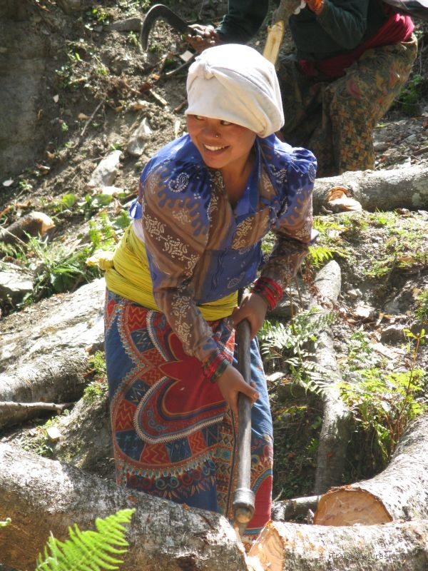 Chaliss woman cutting firewood chopping axe
